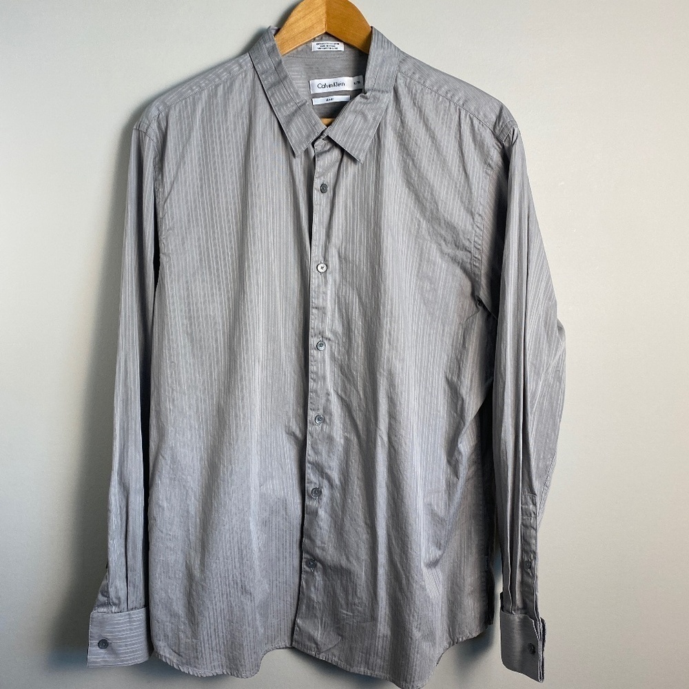Calvin Klein Men's Silver/Gray Fine Textured Striped LS Button Up Dress Shirt XL
